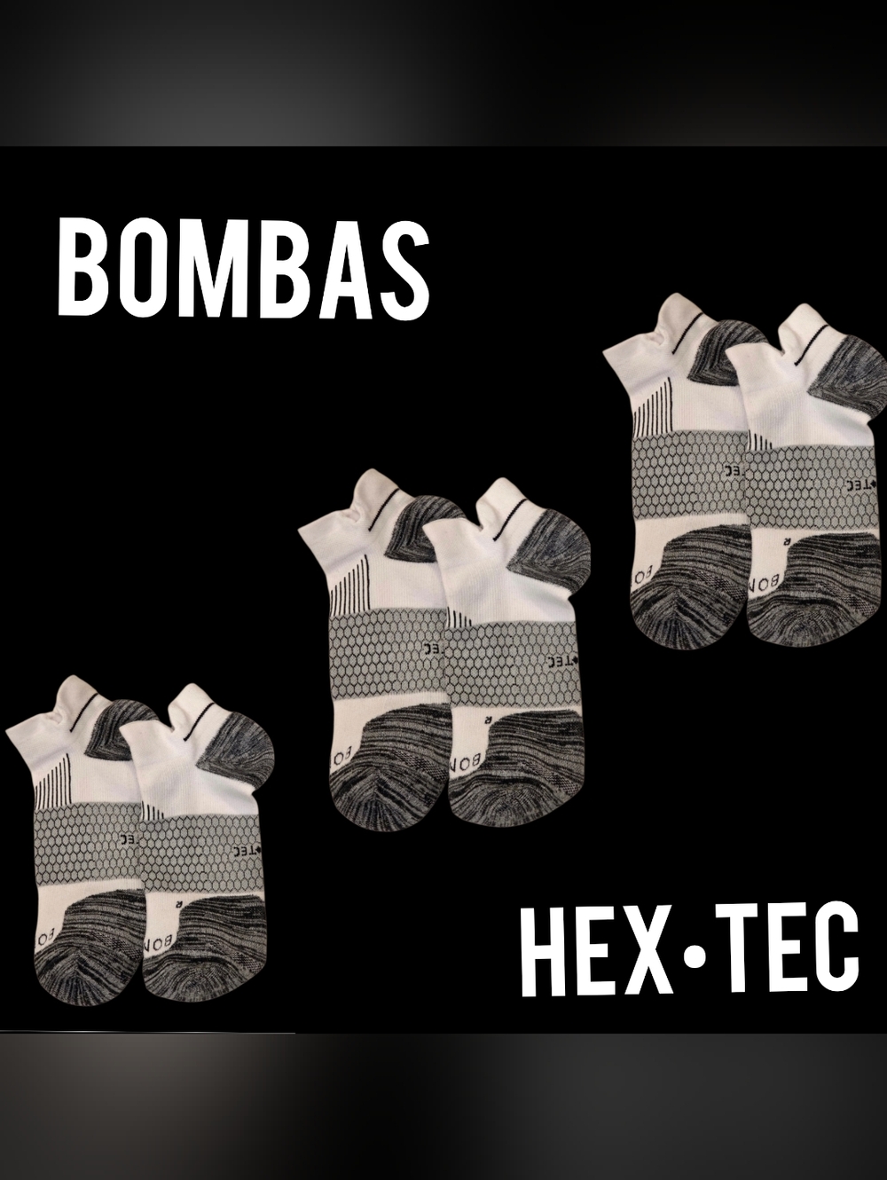 Bombas Ankle Socks 3 Pair BNWOT Mens Hex•Tec XL White/Black